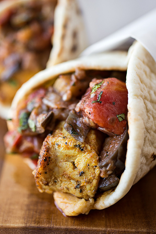 Spiced Moroccan Chicken Wrap with Grilled Eggplant, Tomato and Onion Chutney, with Spicy Hummus Spread & Fresh Mint