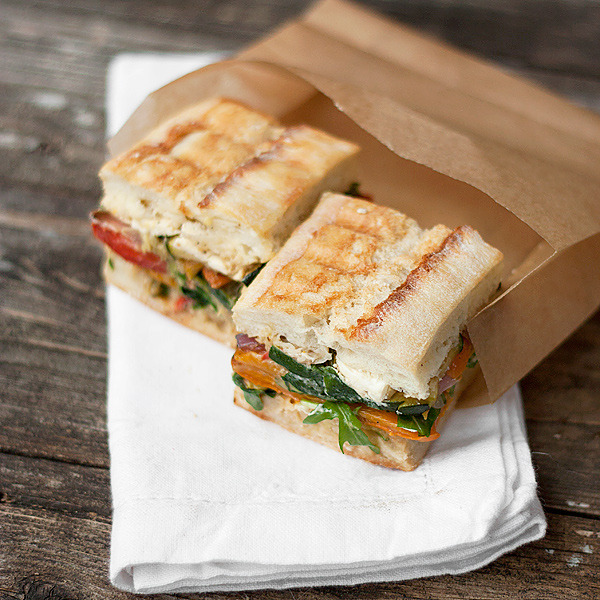 Roasted Vegetable Sandwich with Goat Cheese, Balsamic & Arugula