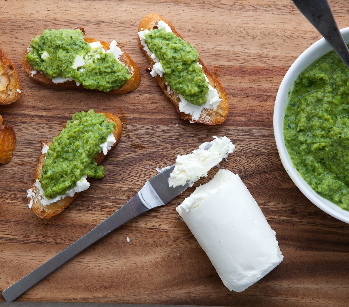 Goat Cheese Crostini with a Pea Puree