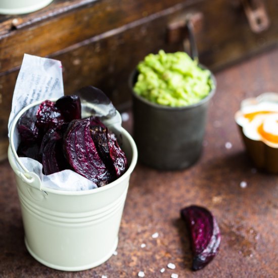 Beetroot Chips with Dipping Sauces Follow