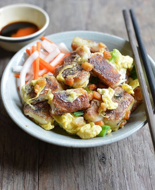 Fried Daikon Rice Cakes with Egg and Sriracha Soy Sauce (Banh Cu Cai Bot Chien)