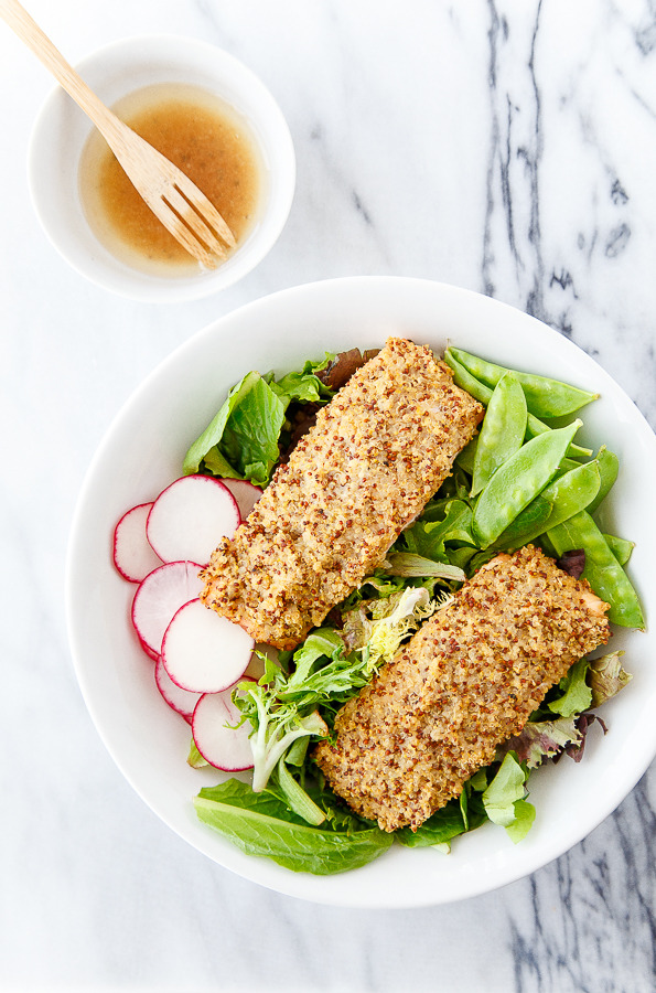 Quinoa Crusted Salmon over Spring Greens